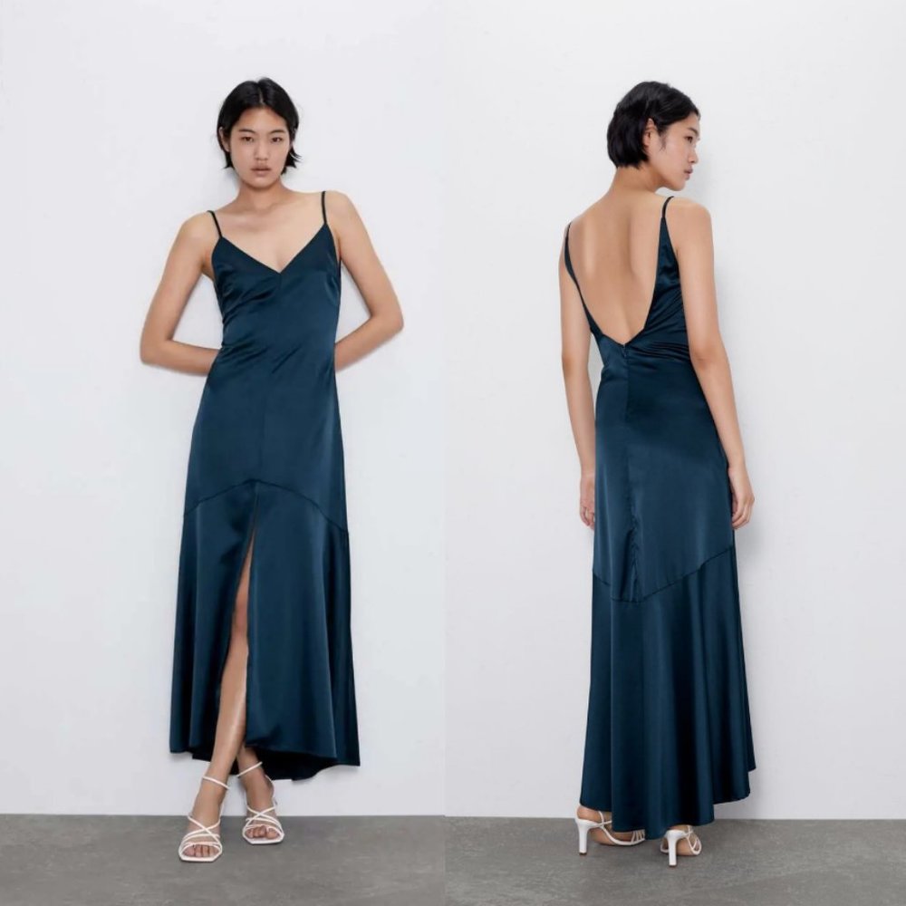 Zara Satin Slip Midi Dress in Teal Blue
